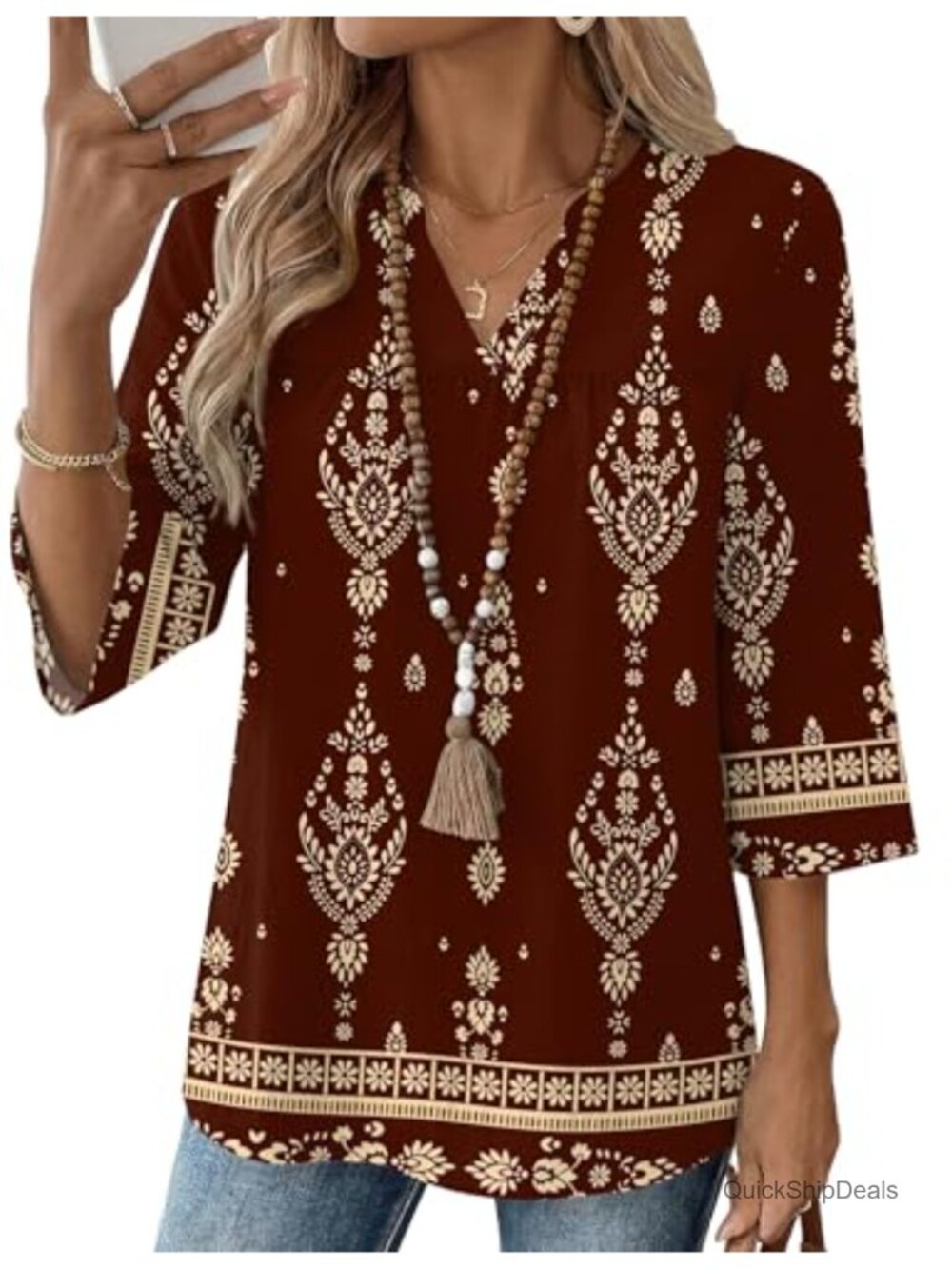 Womens 3/4 Sleeve V Neck Boho Pleated Blouse Loose Fit Casual Top